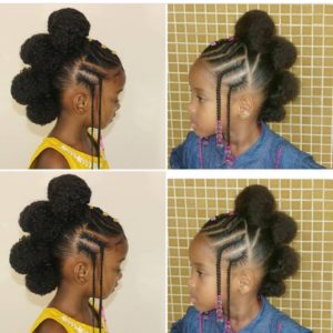 Two little black girls with identical hairstyles, Fulani braids in front, bunhawks at the back