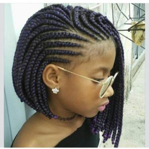 Little black girl with purple Ghana braids leading to Bob box braids