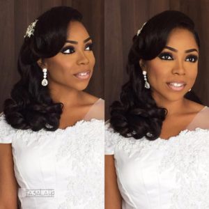 Nigerian bride in half up half down wedding hairstyle