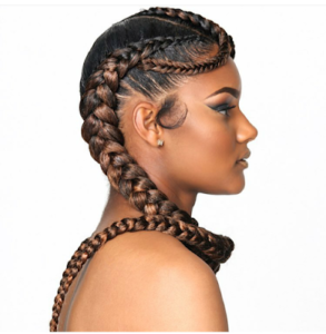 black woman in two-tone jumbo pigtail braids