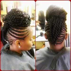 cornrows meeting in the centre like a mohawk, then pulled into a bun