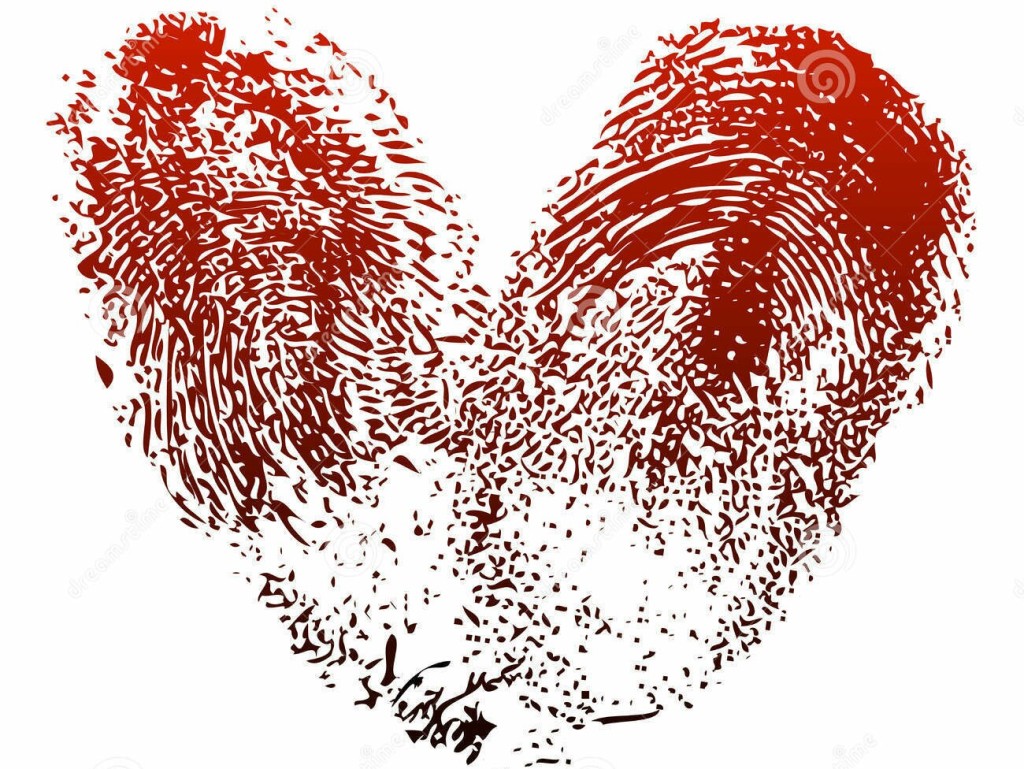 Bloody fingerprints form a heart shape